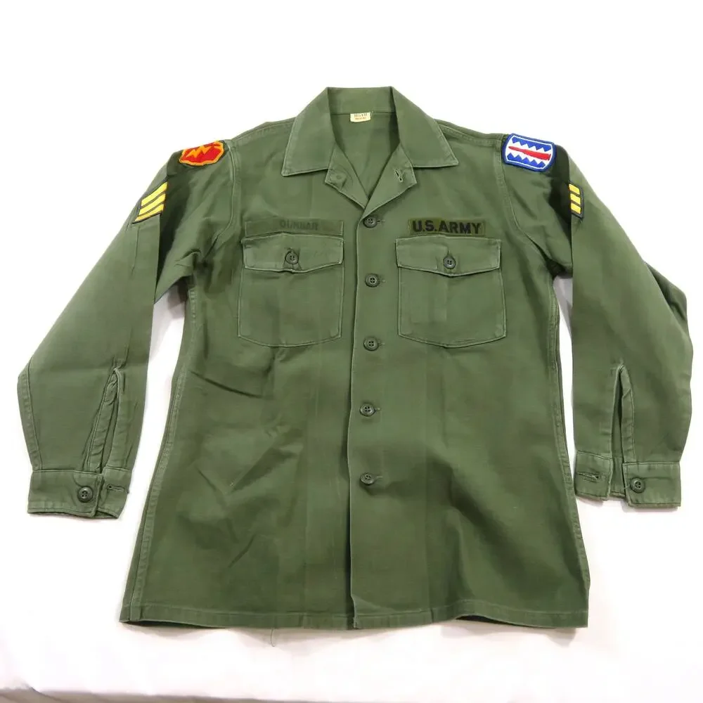 Military Cotton Sateen Shirt Vietnam Era OD Green Army Sz 15.5 x 33 1960s